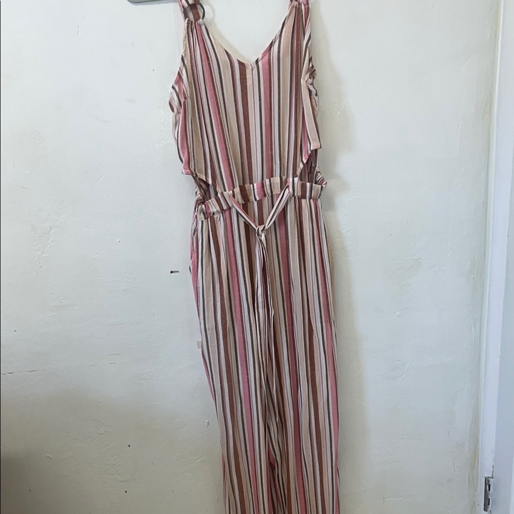 Pink and White Striped Romper with Tie Waist and Palazzo Legs